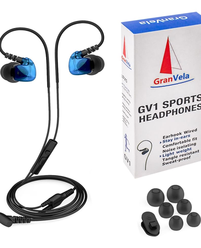 Granvela GV1 HD Sports in-Ear Headphones, IPX5 Waterproof Running Earbuds Wired with Mic, Phone-Call Answering,Memory Wire Earhook and Clip - Blue - Image 1